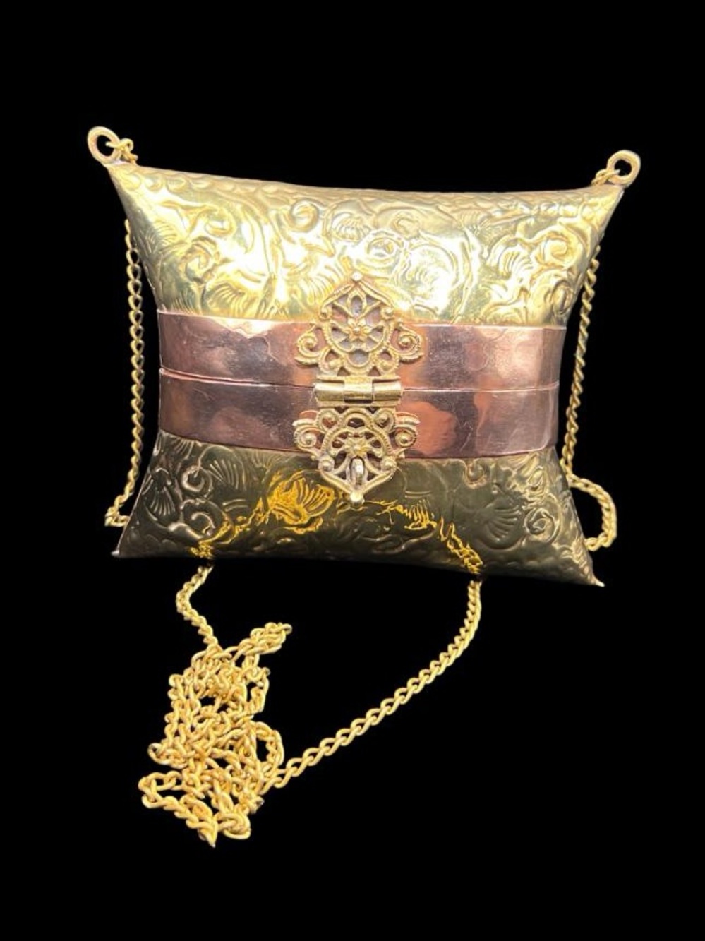 Antique brass and copper hard shell purse with chain